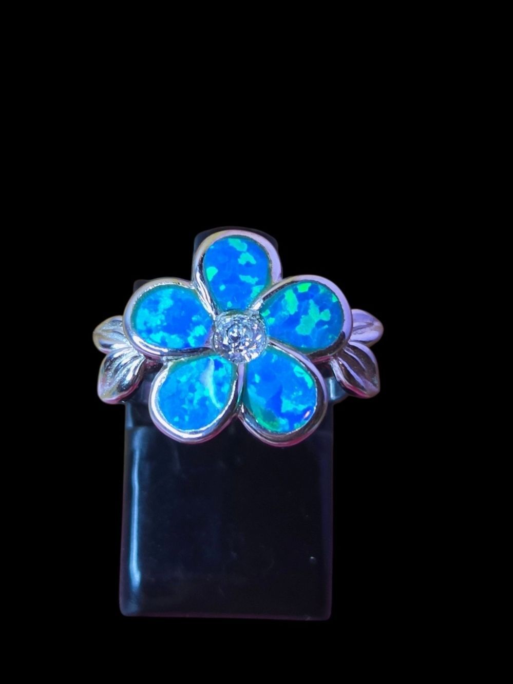 Sterling Silver Blue Opal Flower Ring - Size 5 Floral Statemen